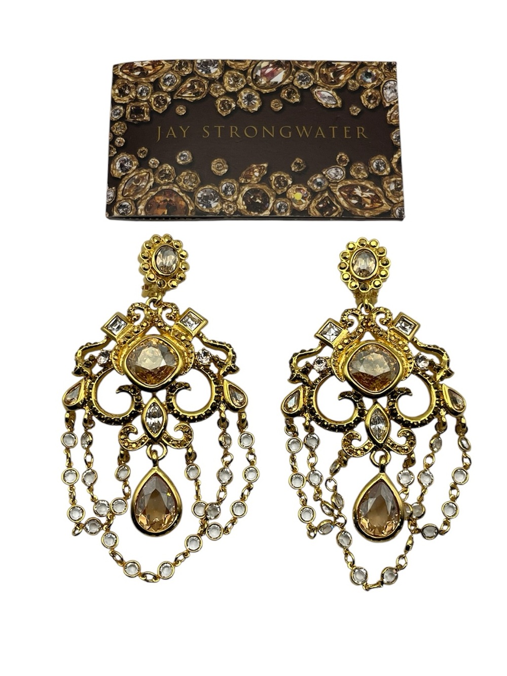 Jay Strongwater Golden Chandelier Clip on rhinestone dangle Earrings